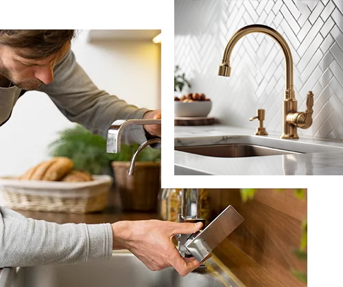 A man is fixing a faucet in a bathroom sink.