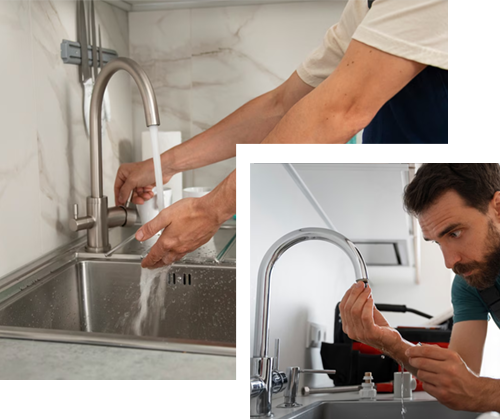 A man is fixing a sink in a kitchen.