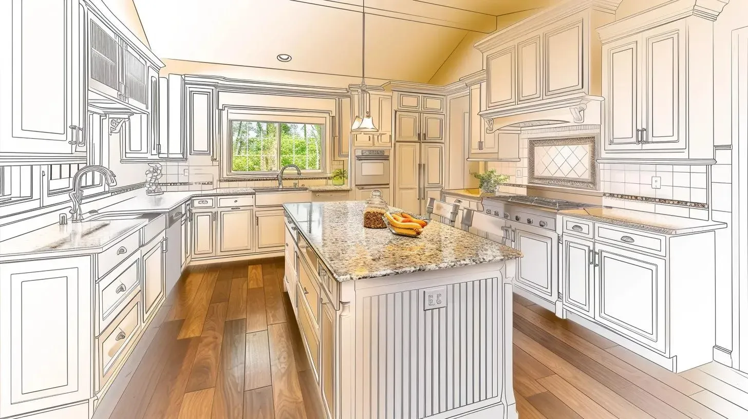 How will decisions get made (so the project doesn’t stall)?
Kitchen interior design sketch with island, cabinets, and window overlooking trees.