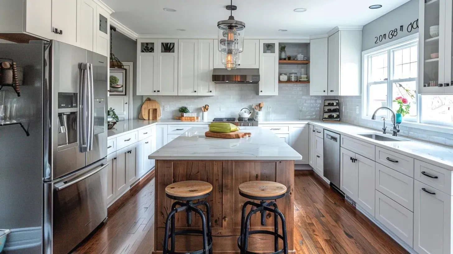 White kitchen with wood island, stainless steel appliances, and wood flooring.