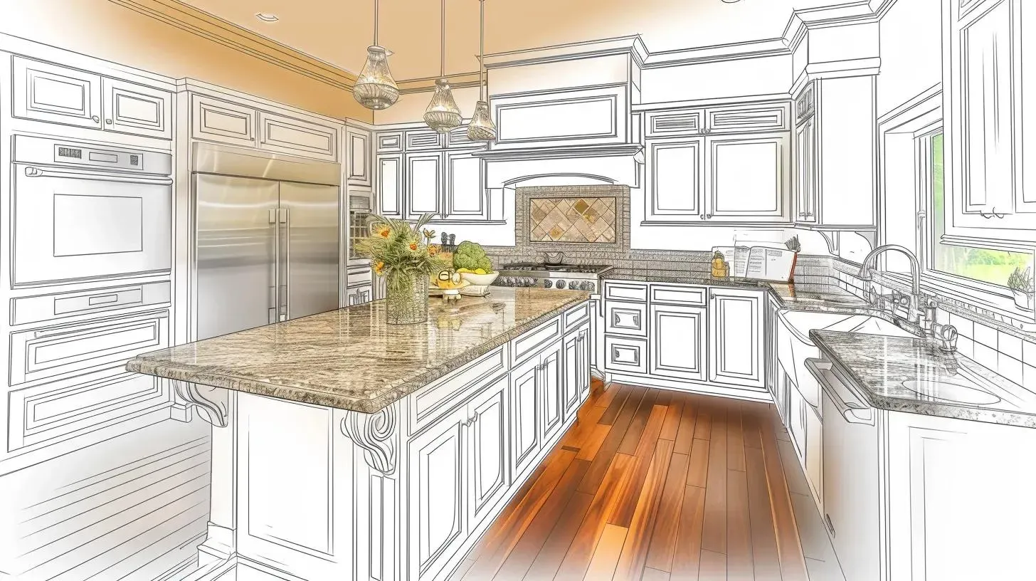 Kitchen interior sketch: island with granite countertop, stainless steel appliances, wood floor.