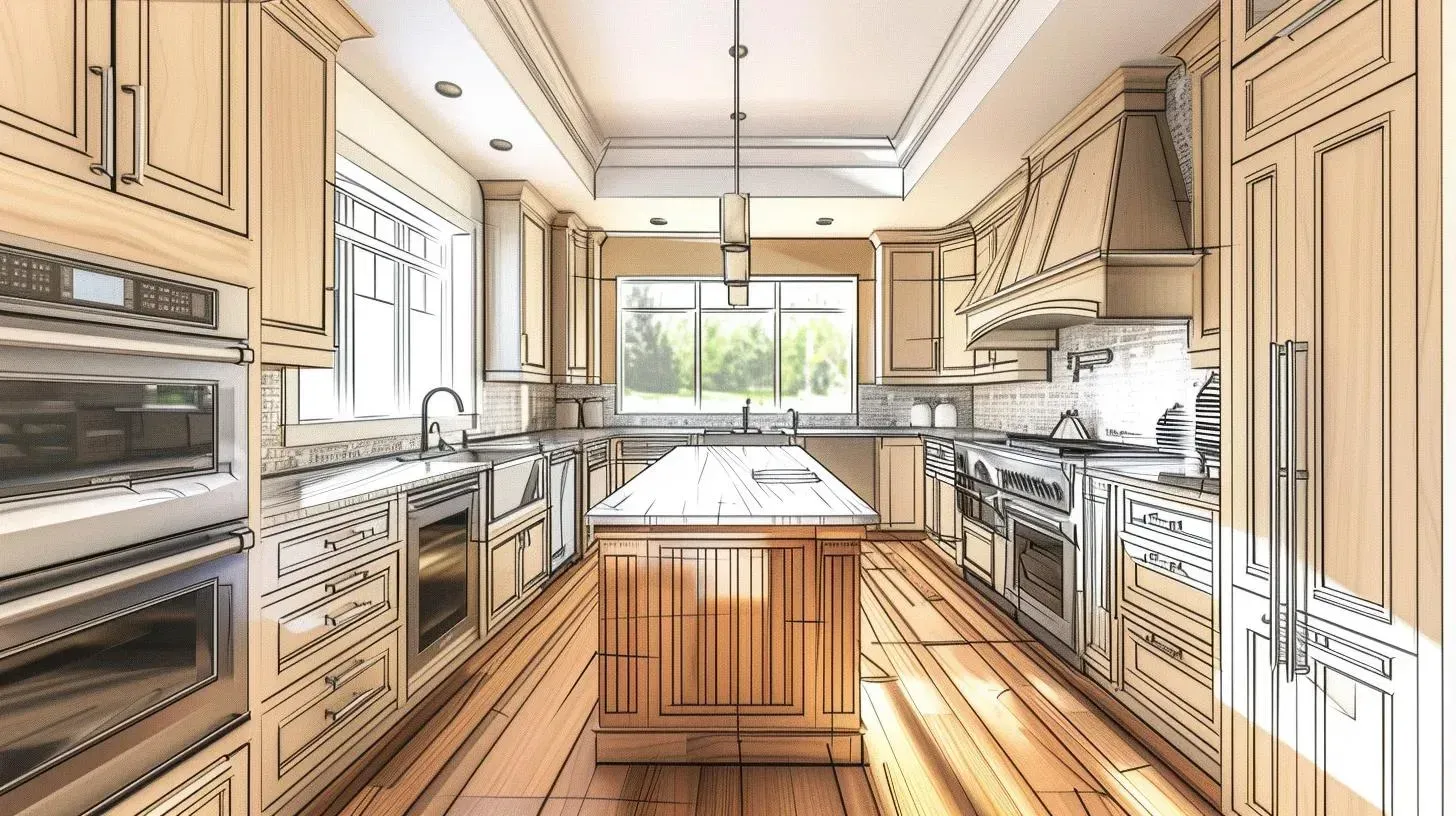 Kitchen rendering with light wood cabinets, center island, stainless steel appliances, and large windows.