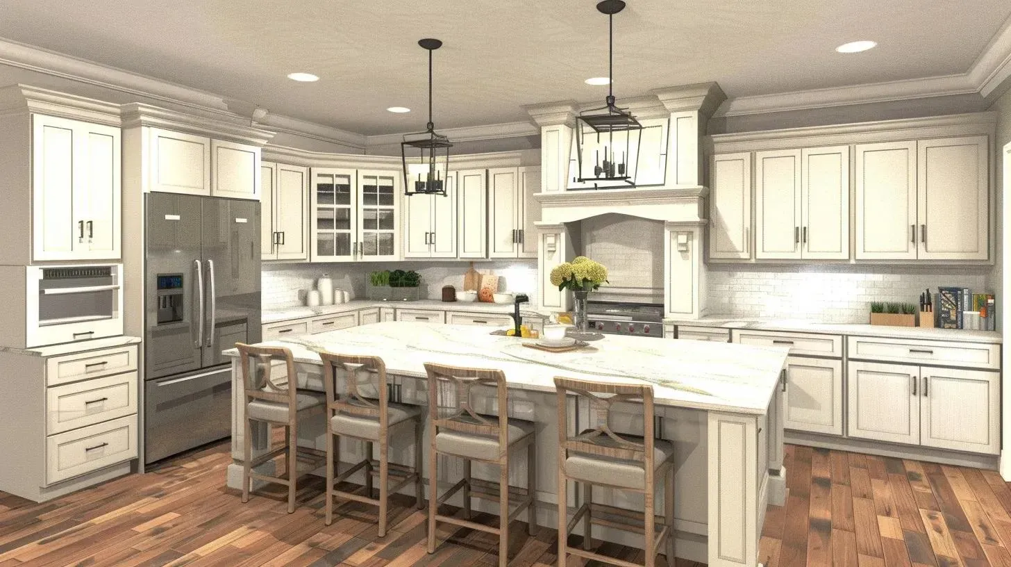 White kitchen with large island, stainless steel appliances, and wooden floor.
