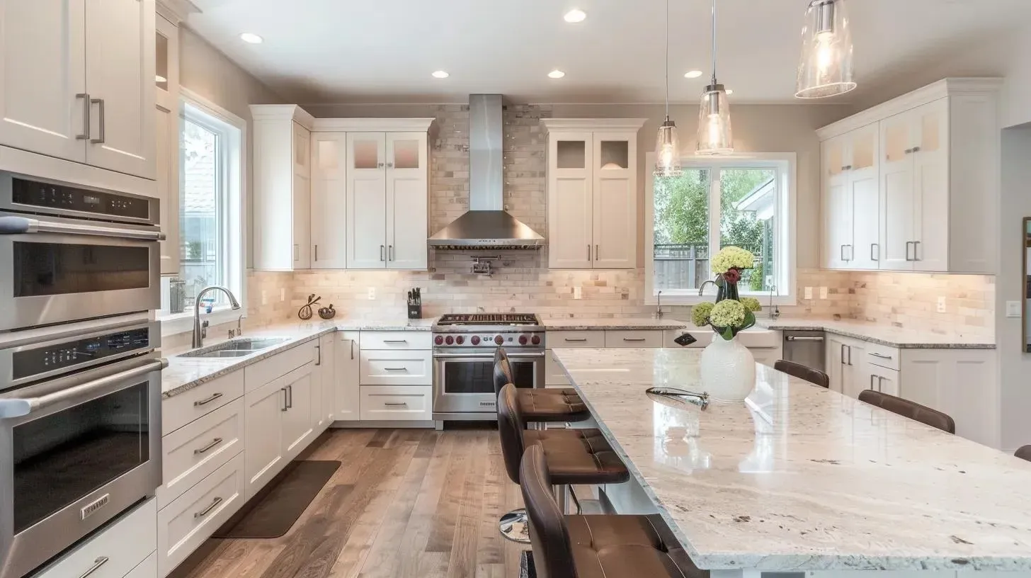 Modern kitchen with white cabinets, stainless steel appliances, and a large island with seating.