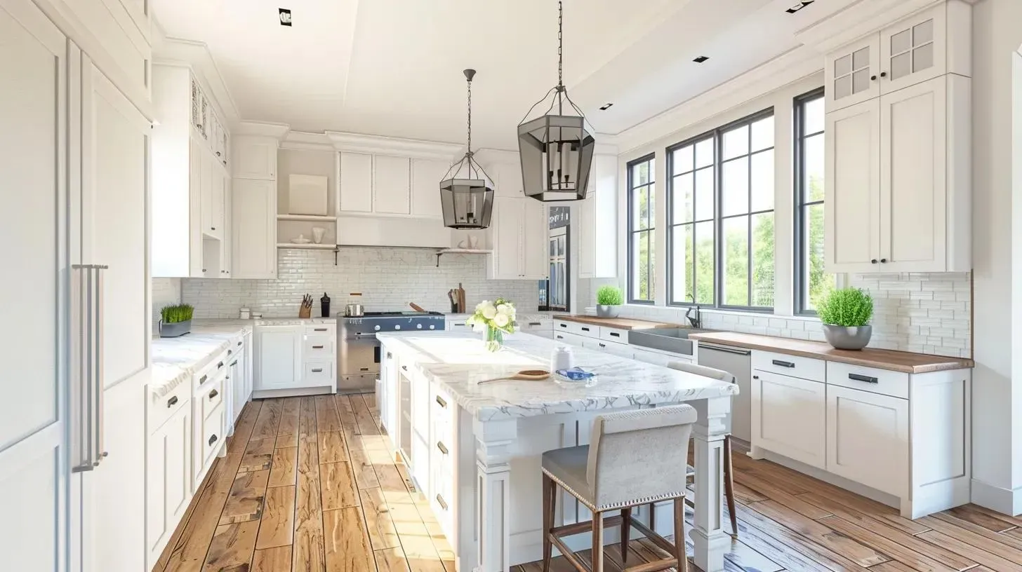 Bright, white kitchen with island, wooden floors, and large windows.  Overhead pendant lights.