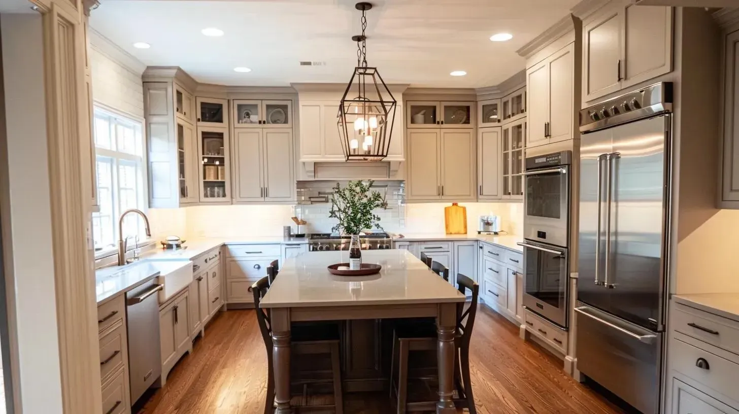 Kitchen with light gray cabinets, island, stainless steel appliances, and wood floor.