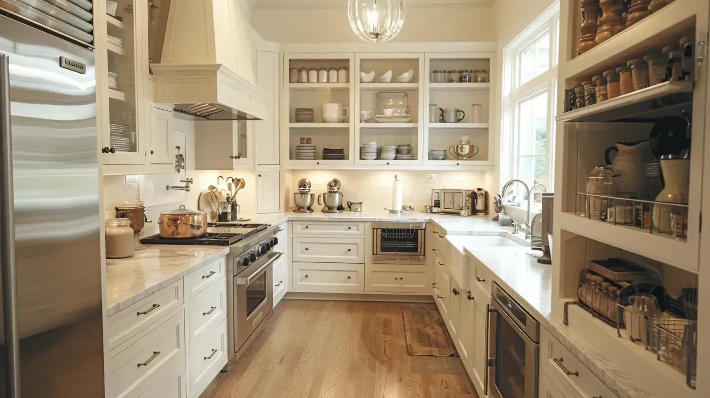 White kitchen with cabinets, stainless steel appliances, and wood flooring.