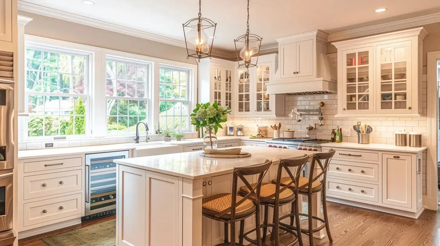White kitchen with island, windows, and bar stools.