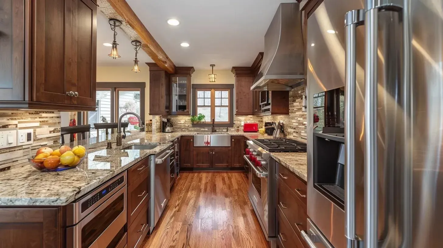 Wooden kitchen with stainless steel appliances, granite countertops, and hardwood floors.