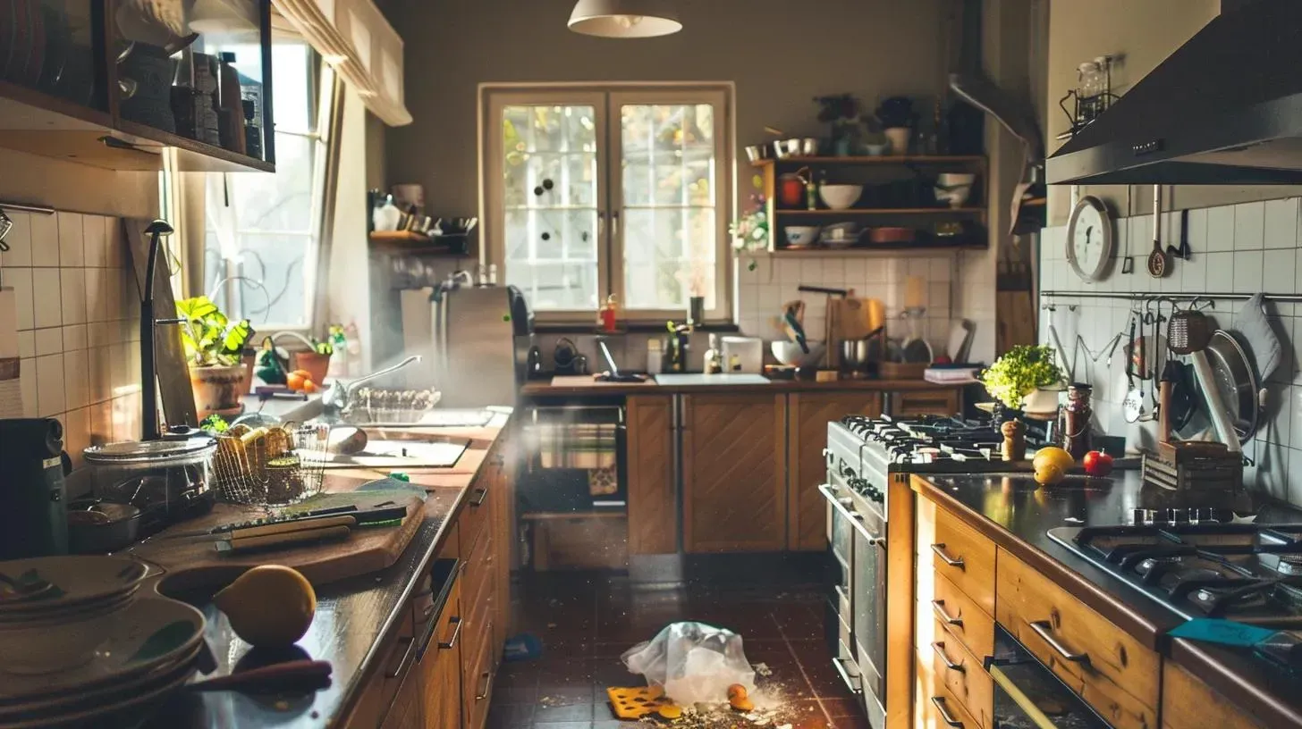A cluttered, sunlit kitchen with wooden cabinets, a window above the sink, and a stovetop.