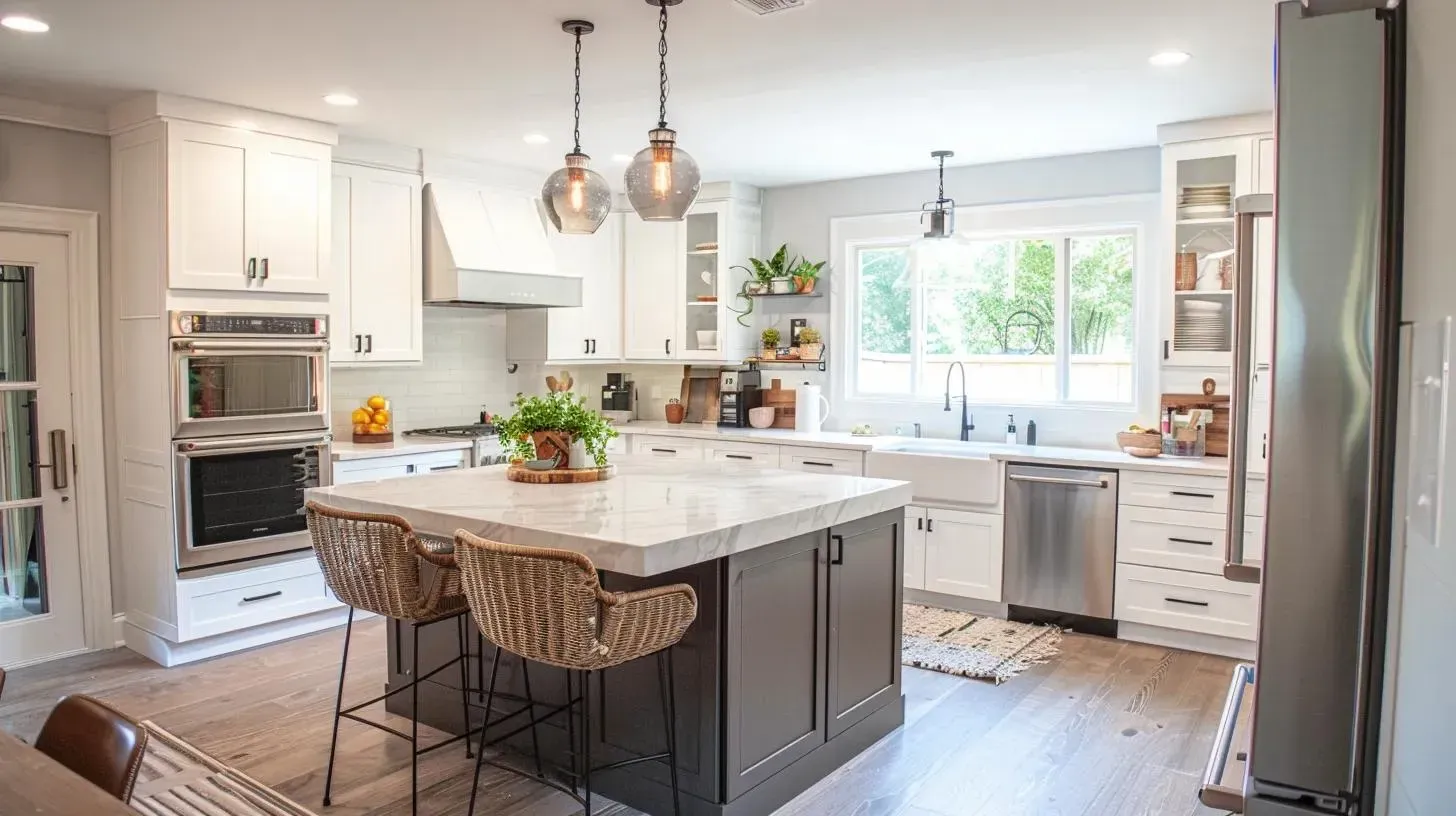 Spacious white kitchen with dark gray island, marble countertop, stainless steel appliances, and two hanging lights.
