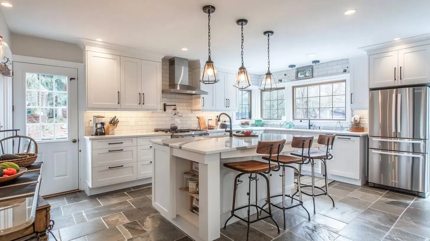 Modern kitchen with white cabinets, dark island, and woven bar stools.