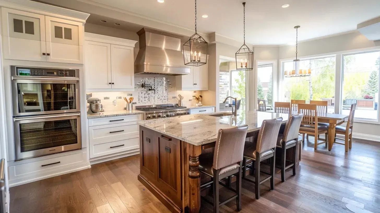 Upscale kitchen with island and dining area; white cabinets, stainless steel appliances, dark wood floors.