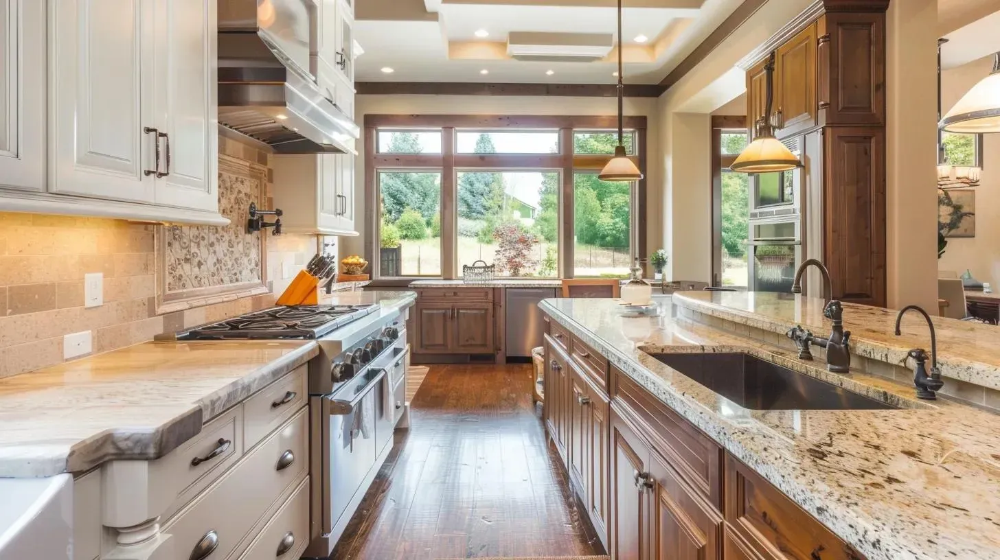 Elegant kitchen with granite countertops, wooden cabinets, and a large window overlooking a lush landscape.