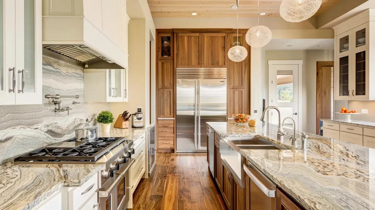 Luxury kitchen with granite countertops, stainless steel appliances, and wooden cabinets.