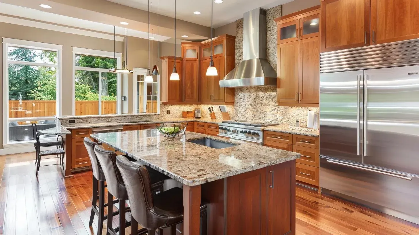 Kitchen with island, wood cabinets, granite countertops, stainless steel appliances, and large windows.