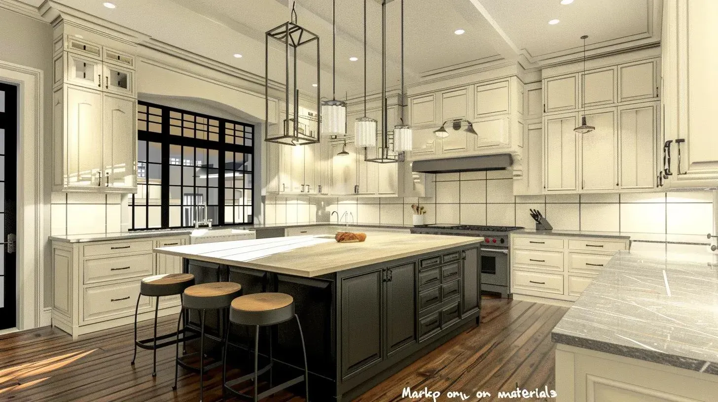 Elegant white kitchen with dark island and wooden floors. Overhead lights and large window.