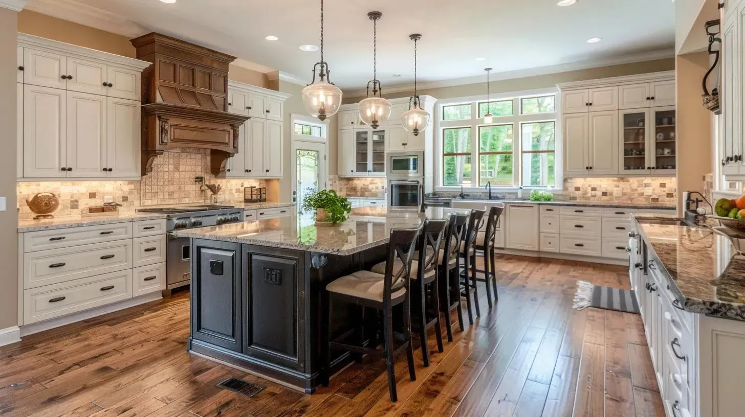 Spacious kitchen with white cabinets, dark island, wooden floor, and large window overlooking trees.