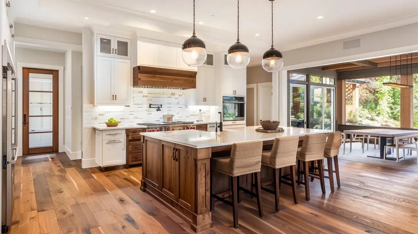 Upscale kitchen with wooden floors, island with bar stools, and large windows leading to a dining area.