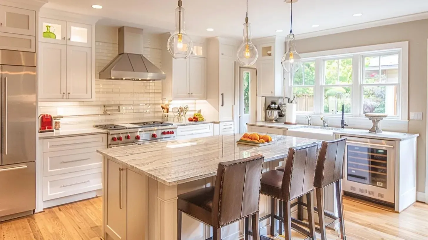 Bright, modern kitchen with white cabinets, large island with seating, stainless steel appliances, and wood floors.
