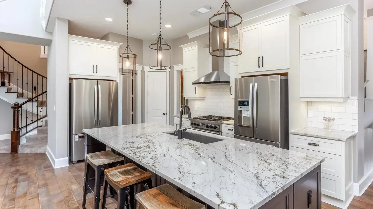Spacious white kitchen with island, stainless steel appliances, and wood flooring.