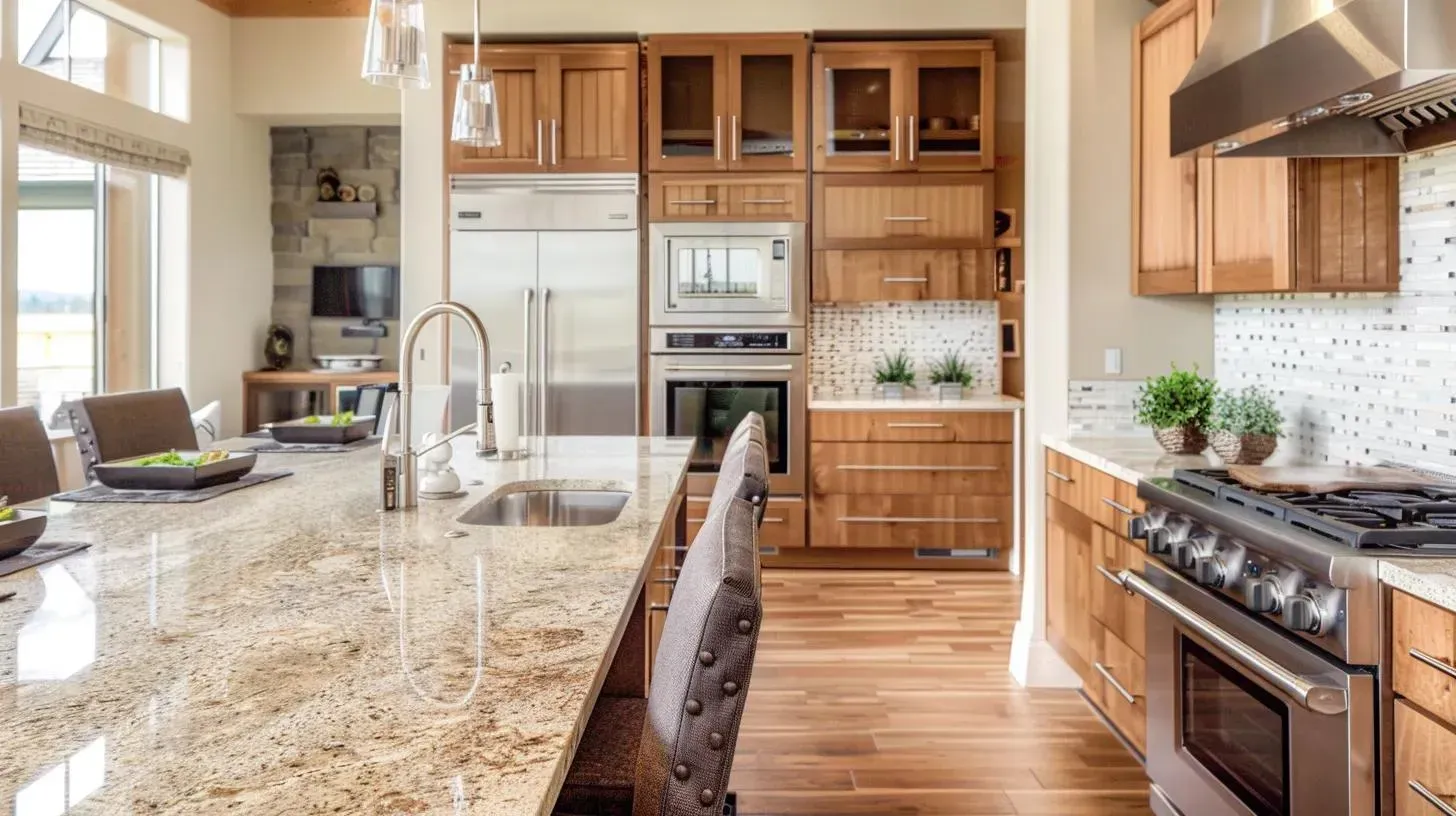 Kitchen with granite countertops, stainless steel appliances, and wood cabinets.