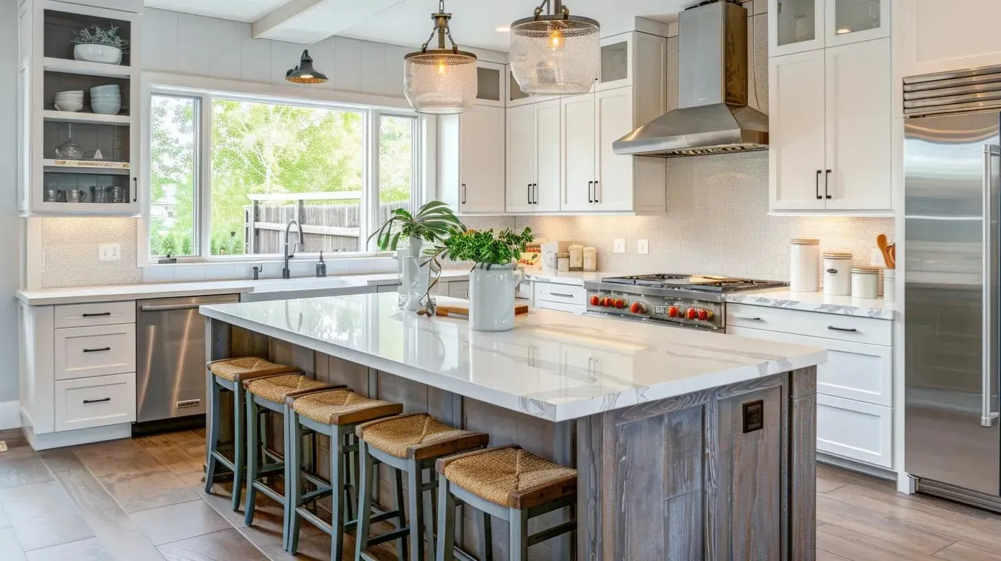 Modern kitchen with white cabinets, island, stainless steel appliances, and wood flooring.