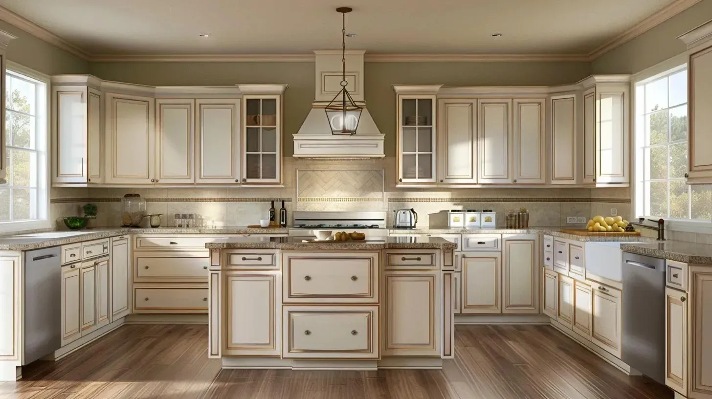 Elegant cream-colored kitchen with island, range hood, and windows; wooden floors and pale green walls.