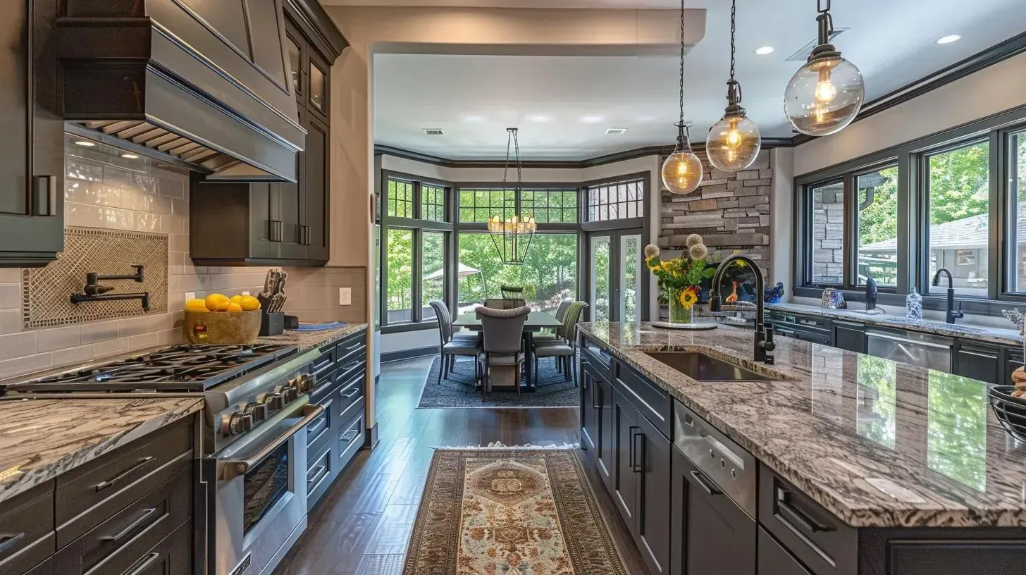 Modern kitchen with dark cabinetry, granite countertops, and stainless steel appliances; leads to a dining room with a bay window.
