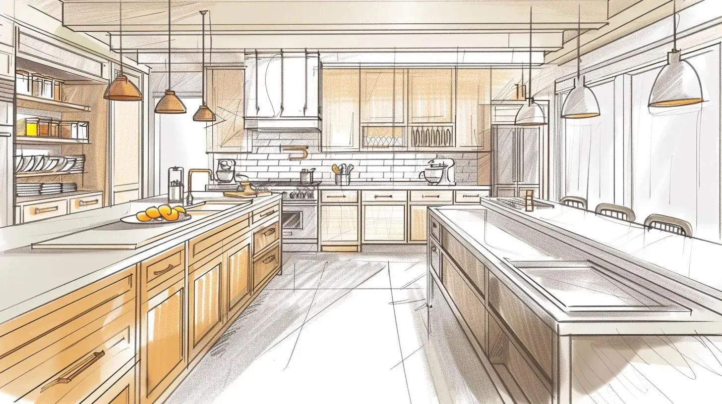 Sketch of a modern kitchen with light wood cabinets, two islands, and pendant lights.
