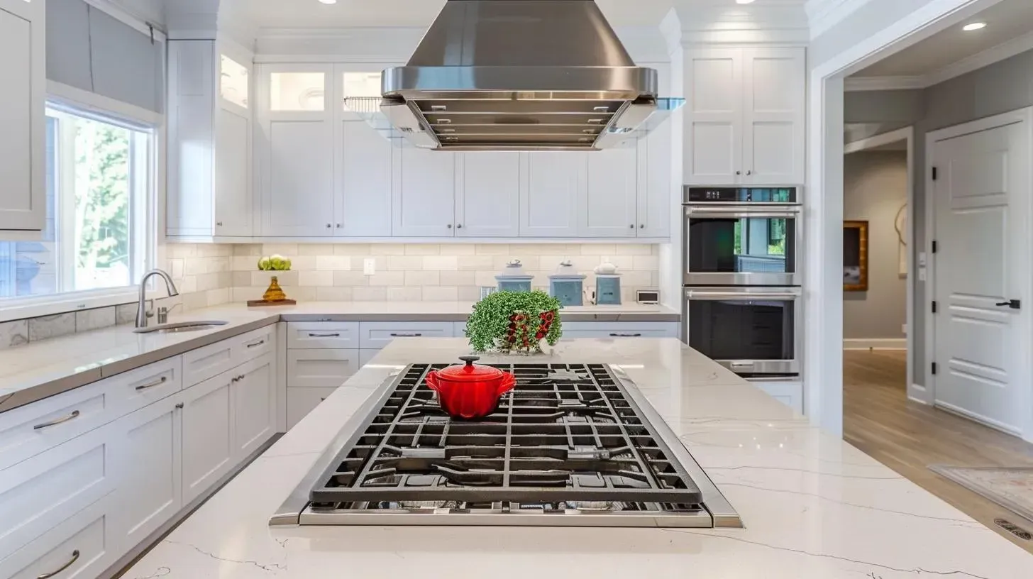 White kitchen with island cooktop, stainless steel hood, red pot, and built-in ovens.
