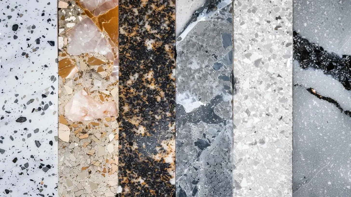 Collection of various stone or composite material samples with speckled and veined patterns, varying colors.