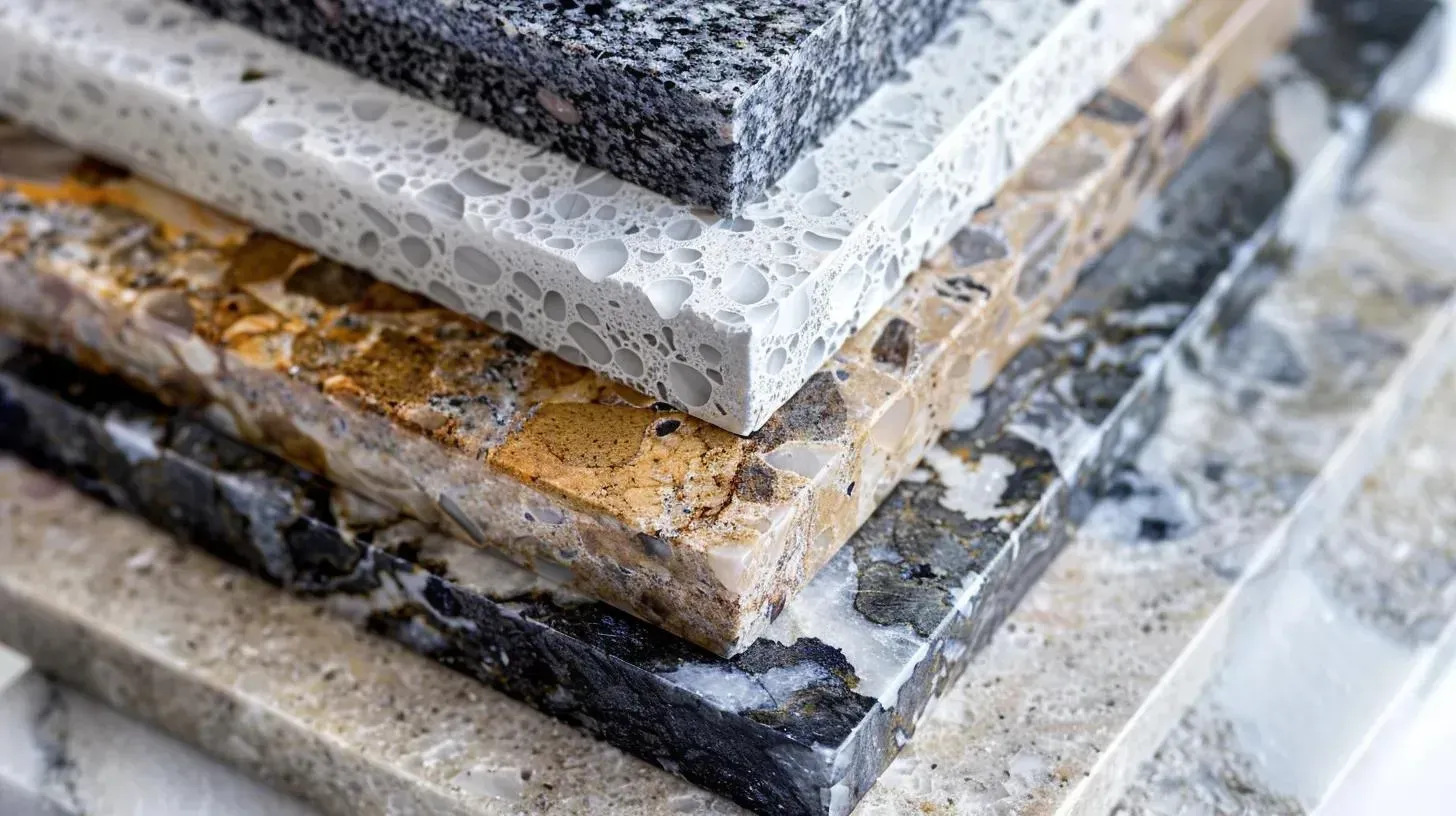 Stack of various granite or quartz countertop samples in different colors and patterns.