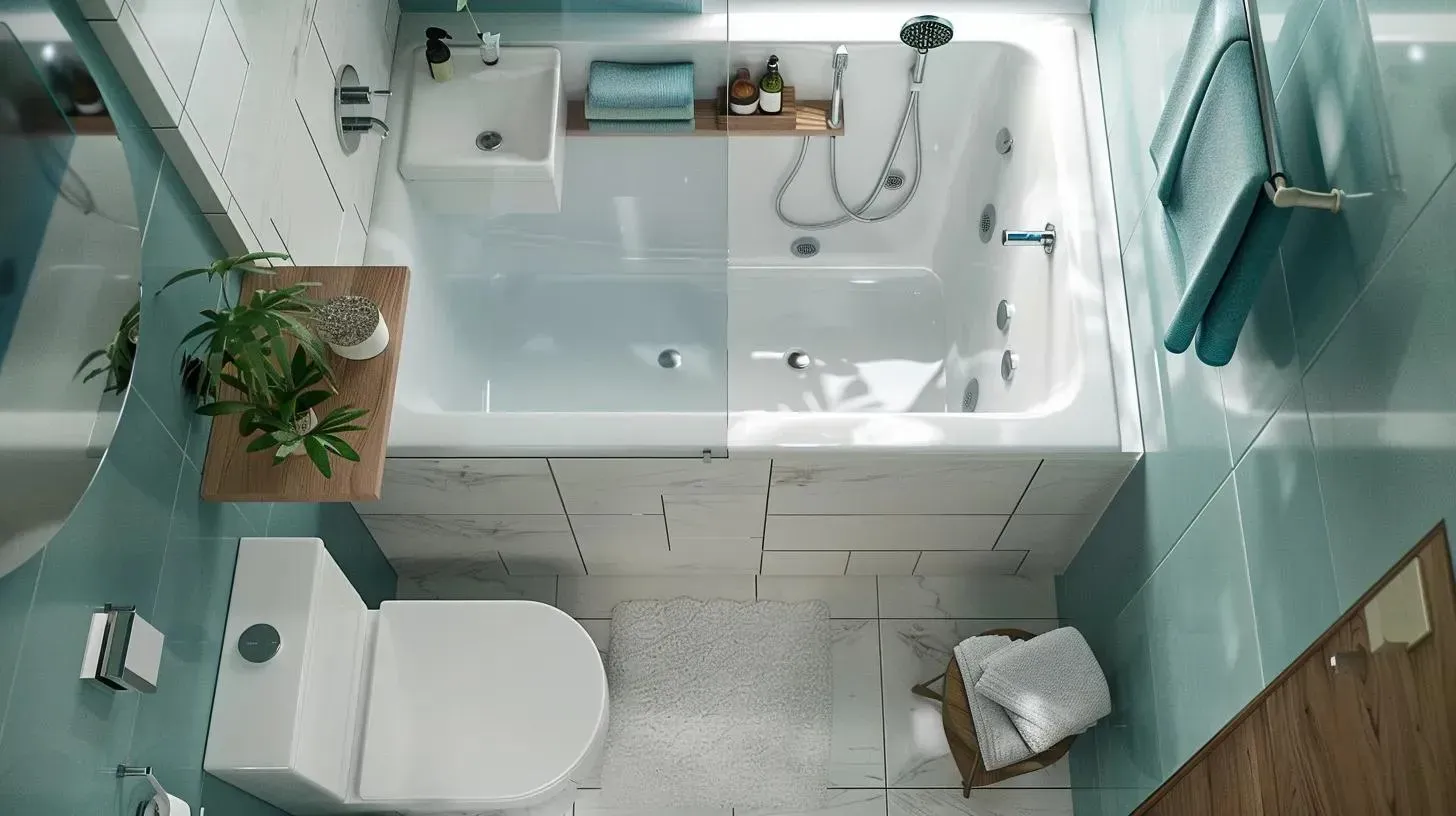 Modern bathroom with a white tub, toilet, shower curtain, and teal glass accents