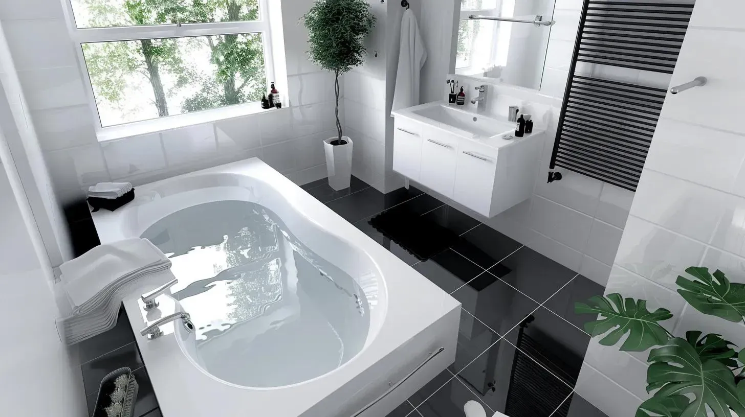 Modern white bathroom with a bathtub, sink, window, and black tile accents