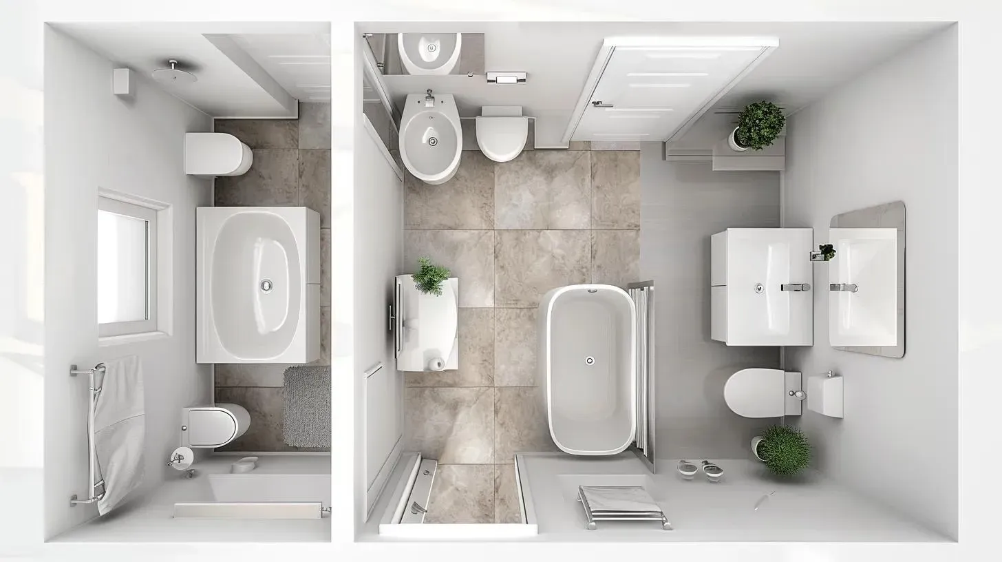 Top-down view of a modern white bathroom with tub, toilet, sink, shower, and plants