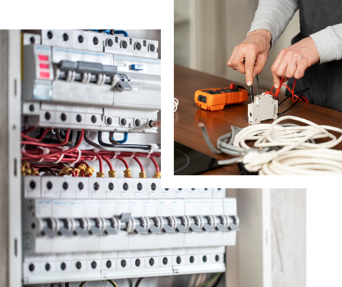 Electrician working on electrical panel, testing wires with a multimeter. Close up of the panel and wiring.