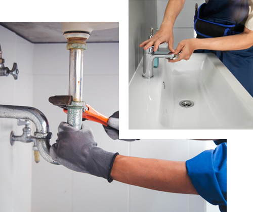 A man is fixing a faucet in a bathroom sink.