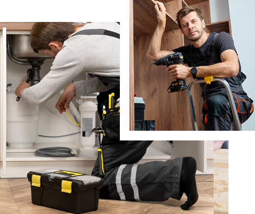 A man is fixing a faucet in a bathroom sink.