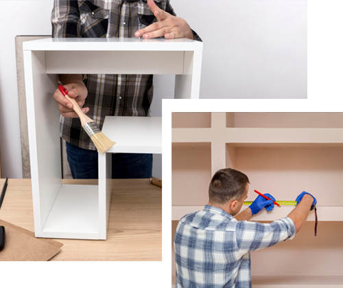 Man painting a white shelf and measuring a built-in bookshelf, wearing gloves.