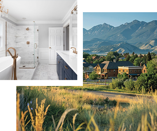 A bathroom with a bathtub and a mountain in the background