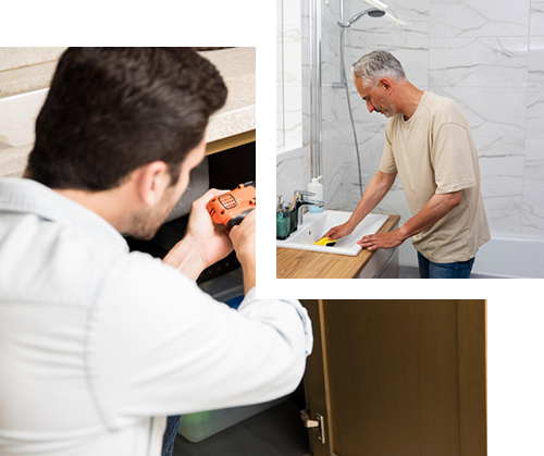 Person fixing plumbing, cleaning sink, and adjusting cabinet door in a bathroom.