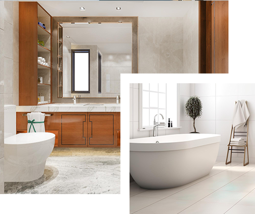 Bathroom with a toilet, vanity, and a separate tub by a window; warm wood tones.
