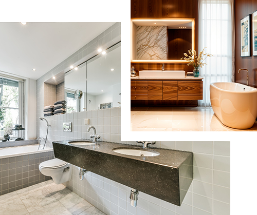 Three modern bathrooms with sinks, tubs, and mirrors. One with a floating countertop.