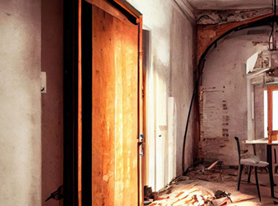 Wooden door open to a dilapidated room. Walls are peeling; debris on the floor, table, and chair visible.