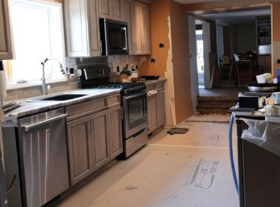 Kitchen under renovation with grey cabinets, stainless steel appliances, and open doorway.