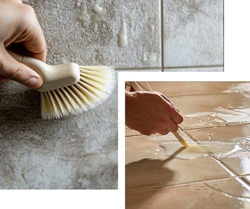 Man painting a white shelf and measuring a built-in bookshelf, wearing gloves.