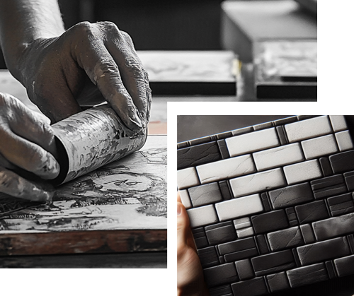 Man painting a white shelf and measuring a built-in bookshelf, wearing gloves.