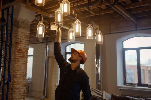 Person installing flooring, holding a plank covered with adhesive. Tools and bucket nearby.