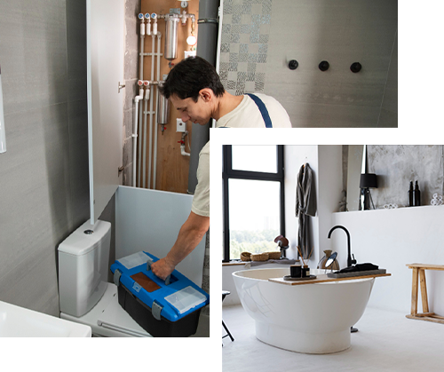Plumber working on bathroom plumbing. A blue toolbox and a toilet are visible. Modern bathroom with a tub.